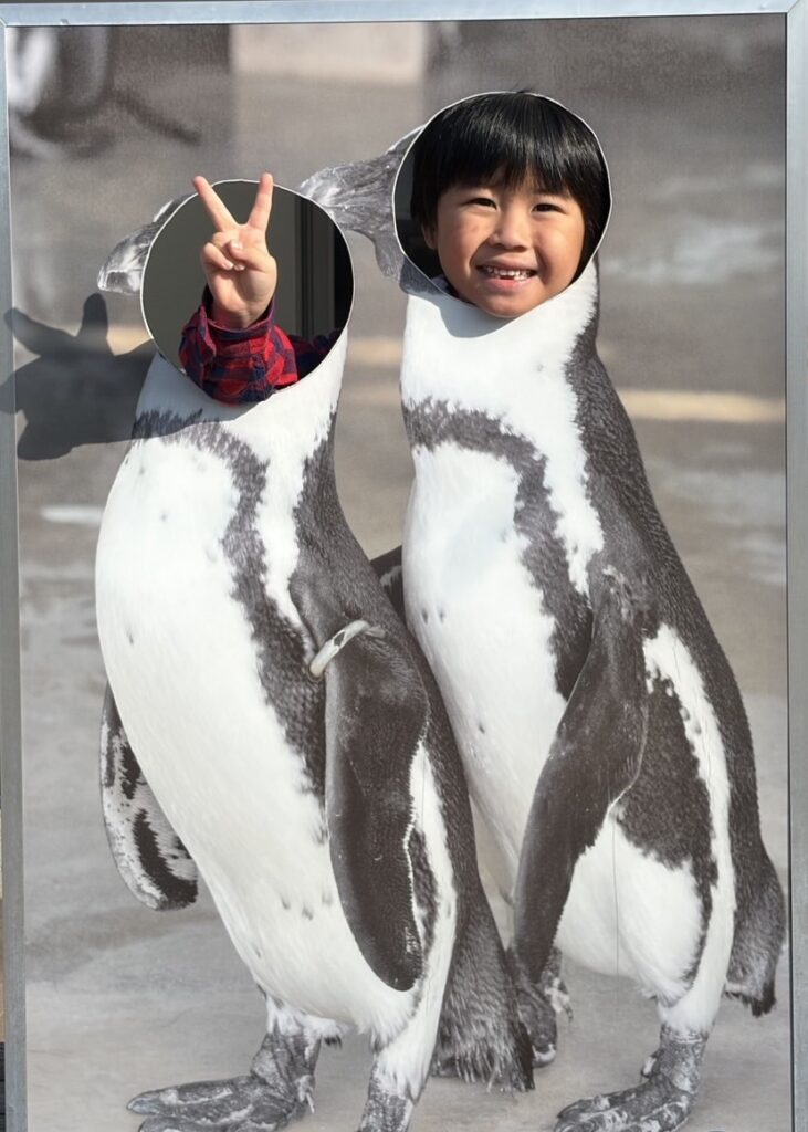 とある施設で撮ったペンギンの顔出しパネルから頭を出した我が子の写真です。