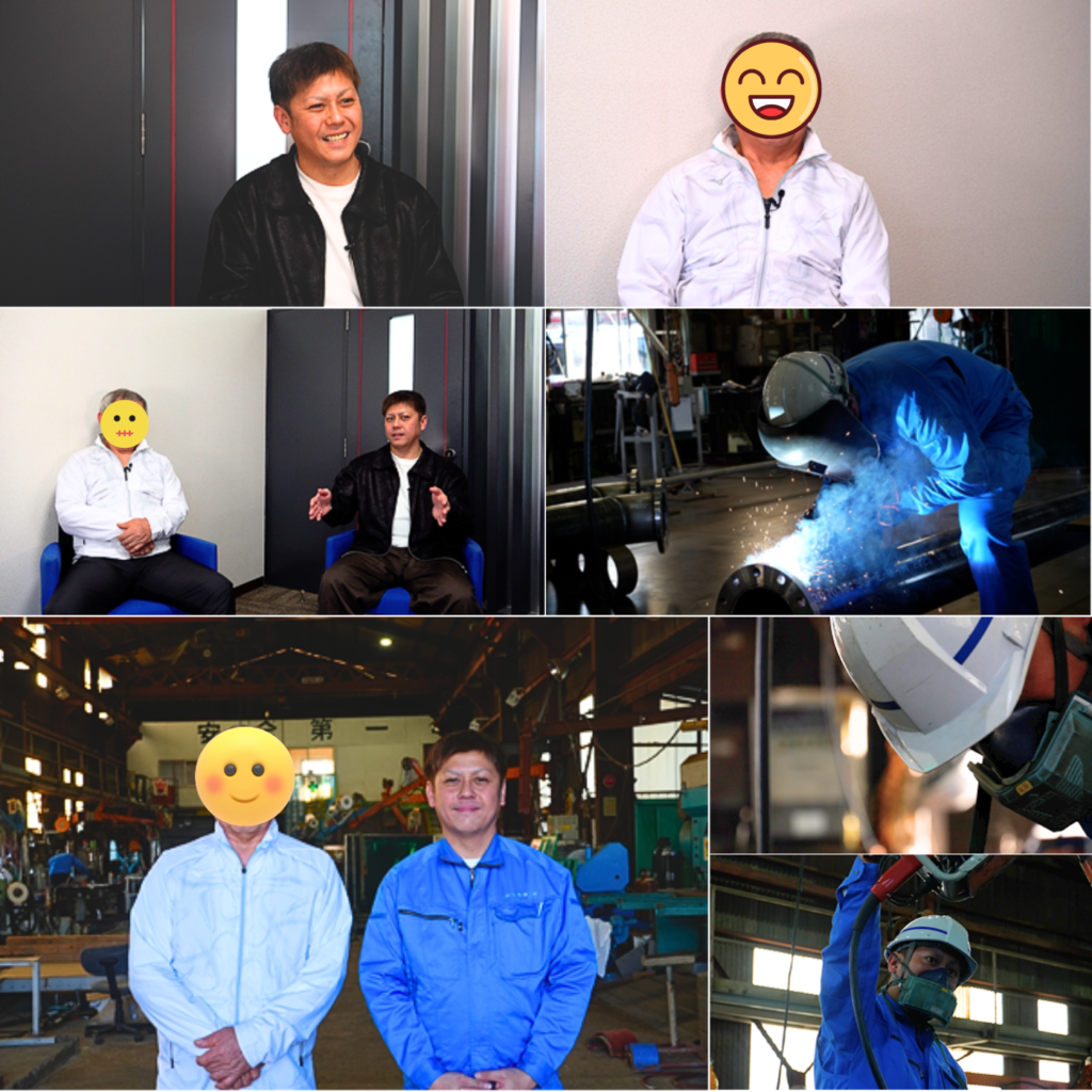 対談・工場での撮影の様子です。父はシャイなので顔は隠しております。